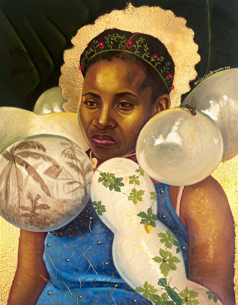 Alicia Brown Invasive seedlings #9, 2024 Oil, 24kg leaf, and pearls on panel 16 x 12 inches