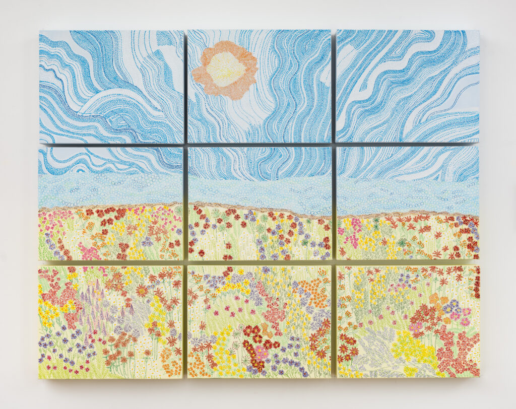 Tanya Minhas, And the endless blue of the sky and the sea, 2025, 9 acrylic works on canvas, 11 x 14 inches (each)