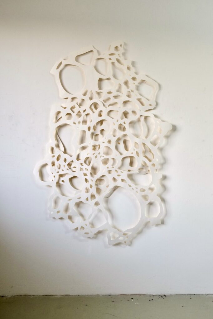 Andreas Kocks, Whiteout (#2511b), 2025, Clear Varnish and brass leaf on watercolor paper, 74 x 51 x 2 inches