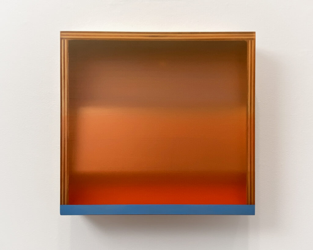 Heather Hutchison, Now and Then, 2023, Mixed media, reclaimed plexiglas, birch plywood box, 16 1/2 x 17 1/2 x 3 3/4 inches