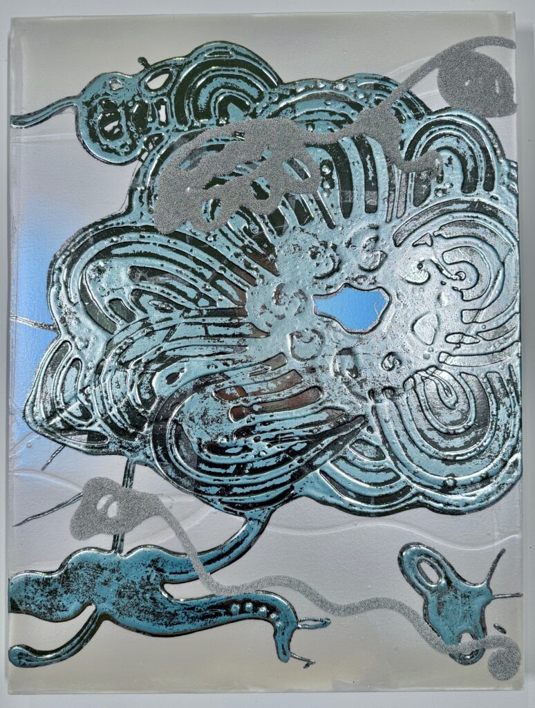 Catherine Howe, Mineral Spirits Small No. 7, 2025, Blue steel/antique silver composite leaf, mineral pigments, synthetic pigments, acrylic and glass beads on canvas, 24 x 18 inches