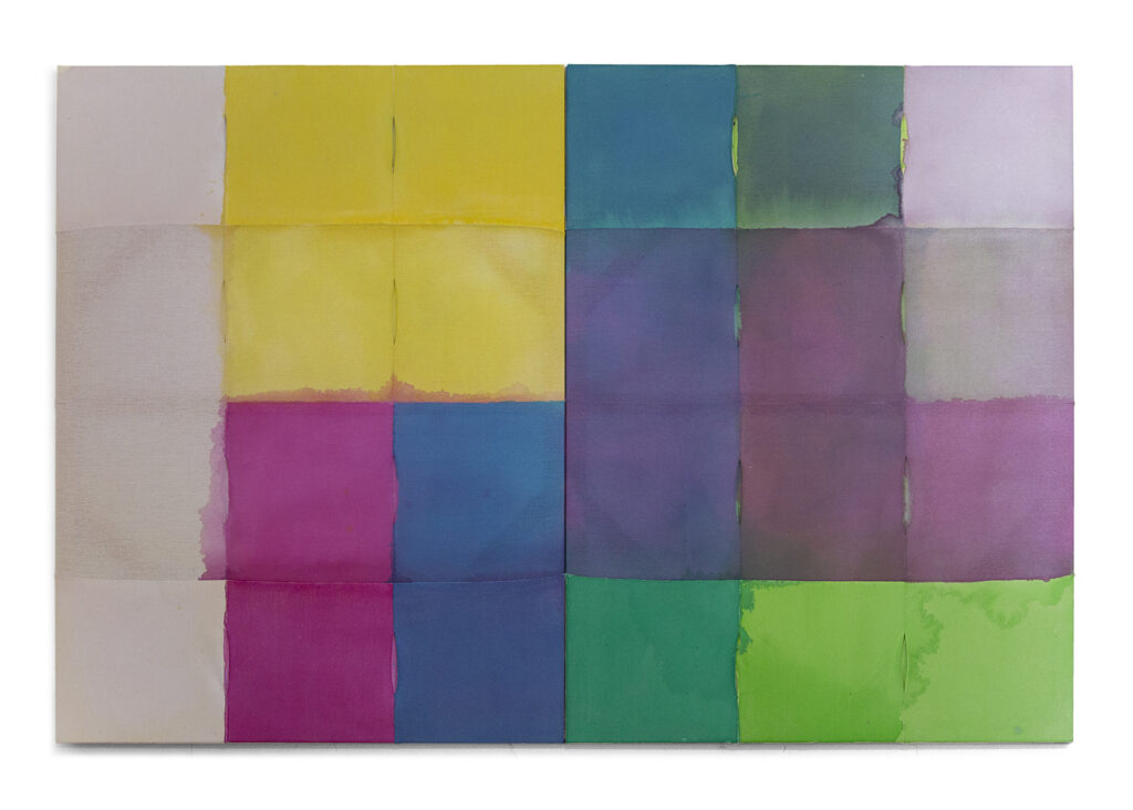 Jinie Park, Bad Influence, 2026 Acrylic on sewn Kwangmok (Korean muslin), and Sambe (Korean linen) 48 x 72 inches