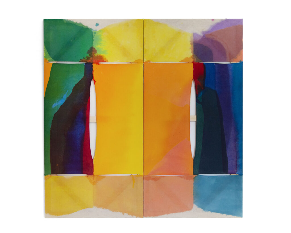 Jinie Park, Flying Animal, 2026, Acrylic on sewn Kwangmok (Korean muslin) and Sambe, pine and stained oak, 48 x 48 inches