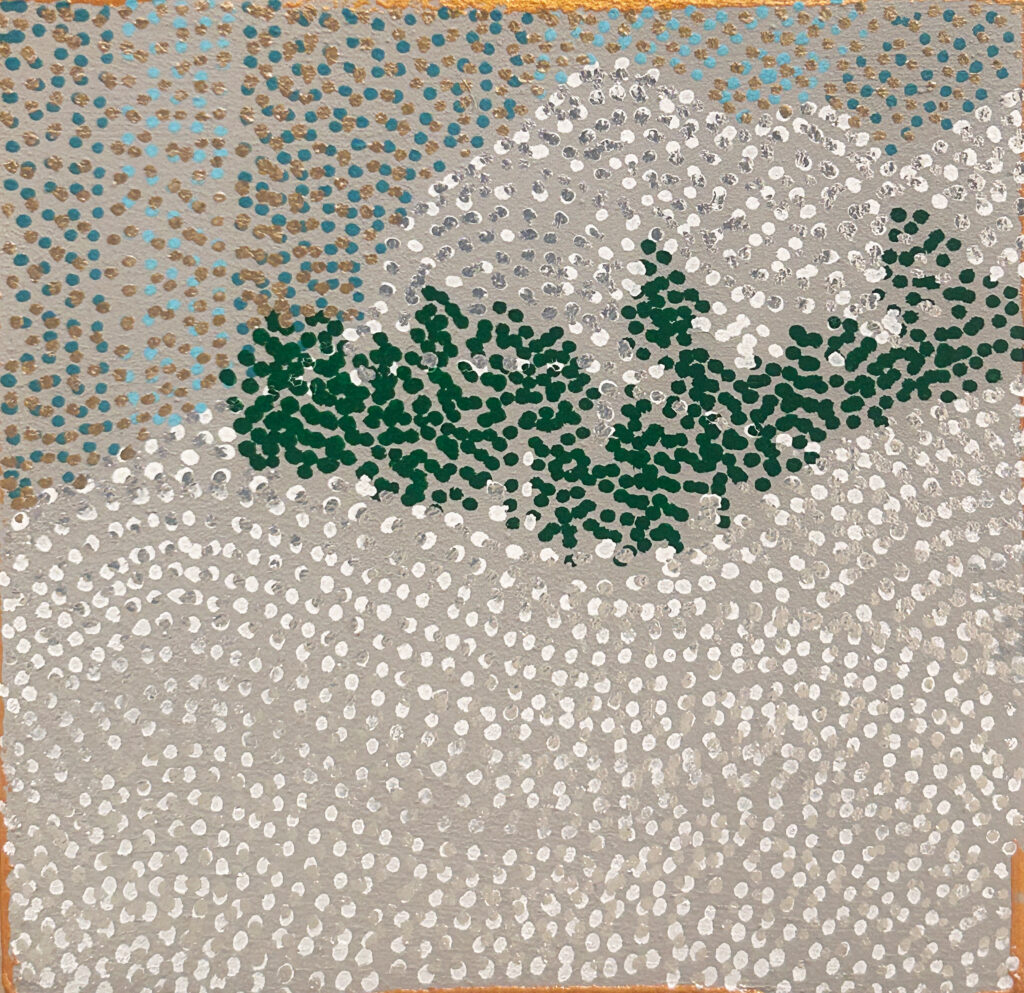 Tanya Minhas, Celestial Snow, 2026, Acrylic on panel, 4 1/4 x 4 1/4 x 1 1/2 inches