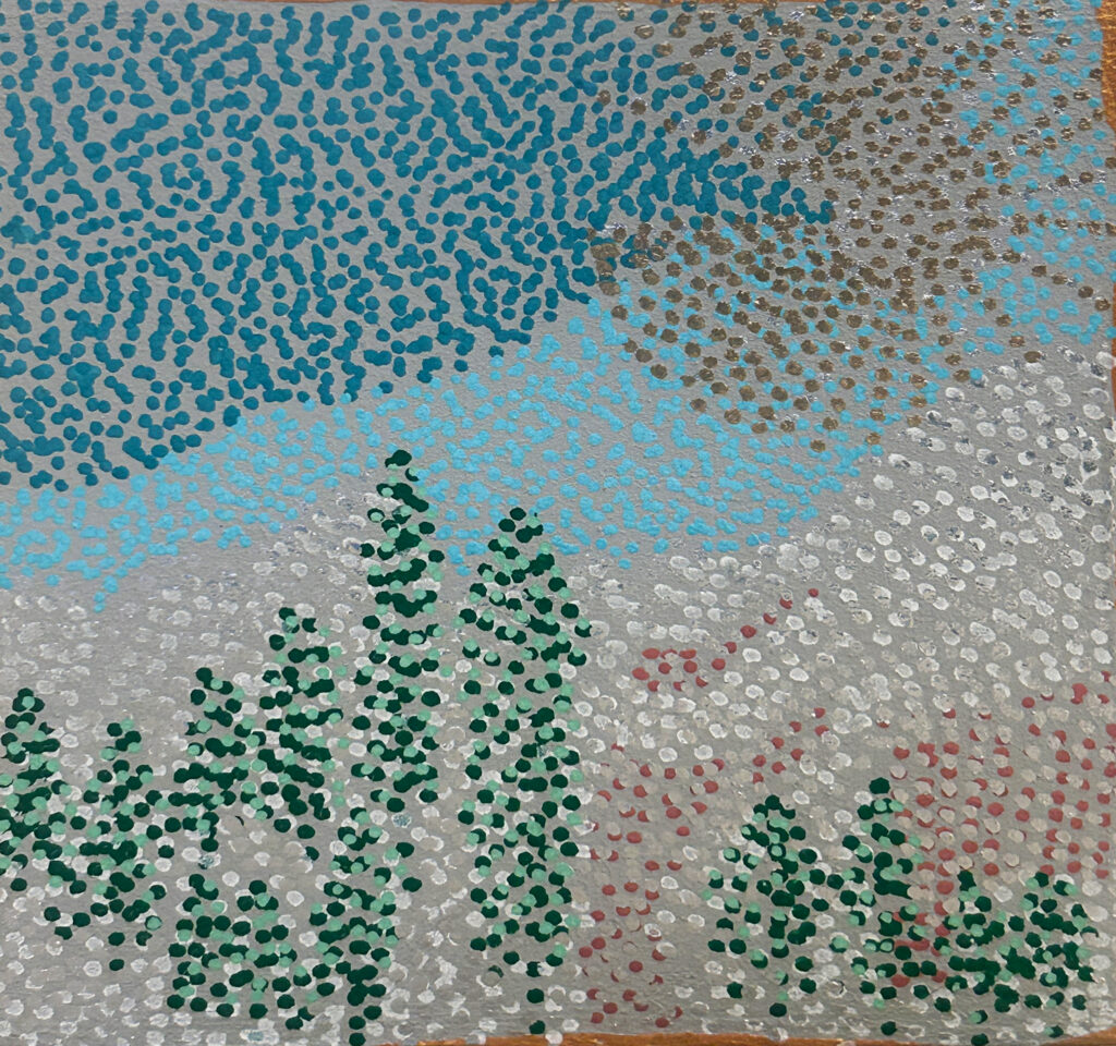 Tanya Minhas, Sunshine and Snow, 2026, Acrylic on panel, 4 3/8 x 4 5/16 x 1 5/8 inches