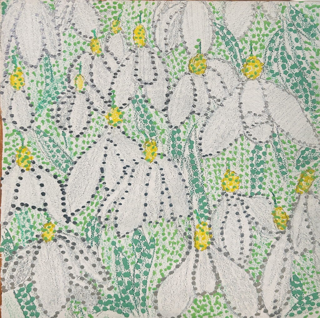 Tanya Minhas Snow Drops, 2026 Acrylic on panel 5 1/4 x 5 1/4 x 1 9/16 inches