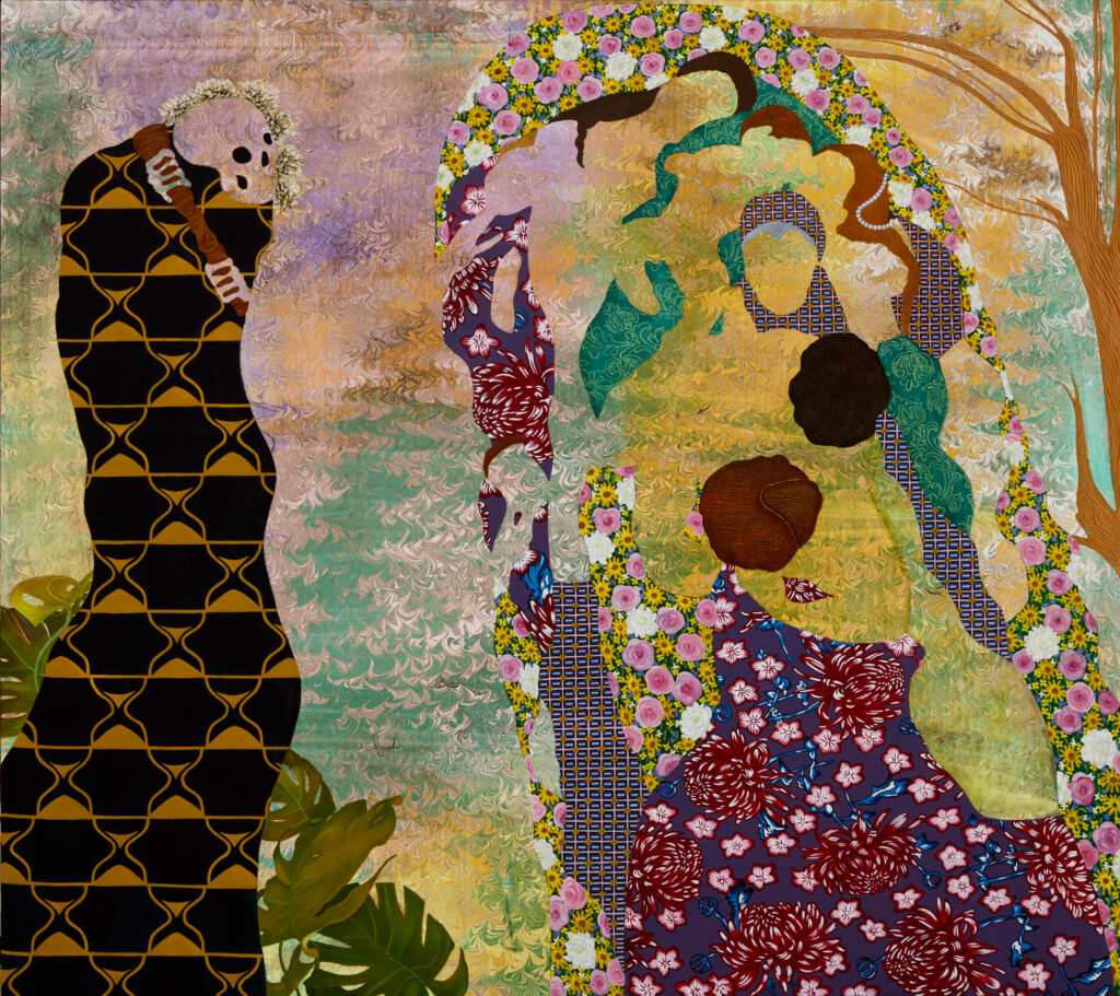 Dinora Justice, Portrait 110 (Death and Life), after Klimt, 2026, Oil and acrylic on canvas, 48 x 54 x 1.5 inches