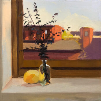 Amanda Millis, Eucalyptus and Grapefruit (Studio View), 2021, Oil on canvas, 12 x 12 inches