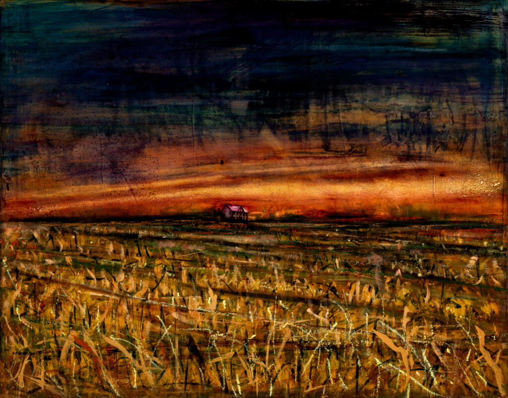Katherine Bowling, Strange Weather, 2026, Oil on spackle on wood panel with collage, 30 x 38 inches