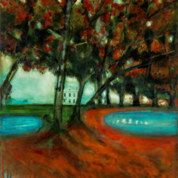 Katherine Bowling, History with 2 Ponds, 2026, Oil on spackle on wood panel with collage, 36 x 32 inches