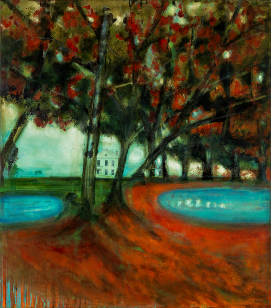 Katherine Bowling, History with 2 Ponds, 2026, Oil on spackle on wood panel with collage, 36 x 32 inches