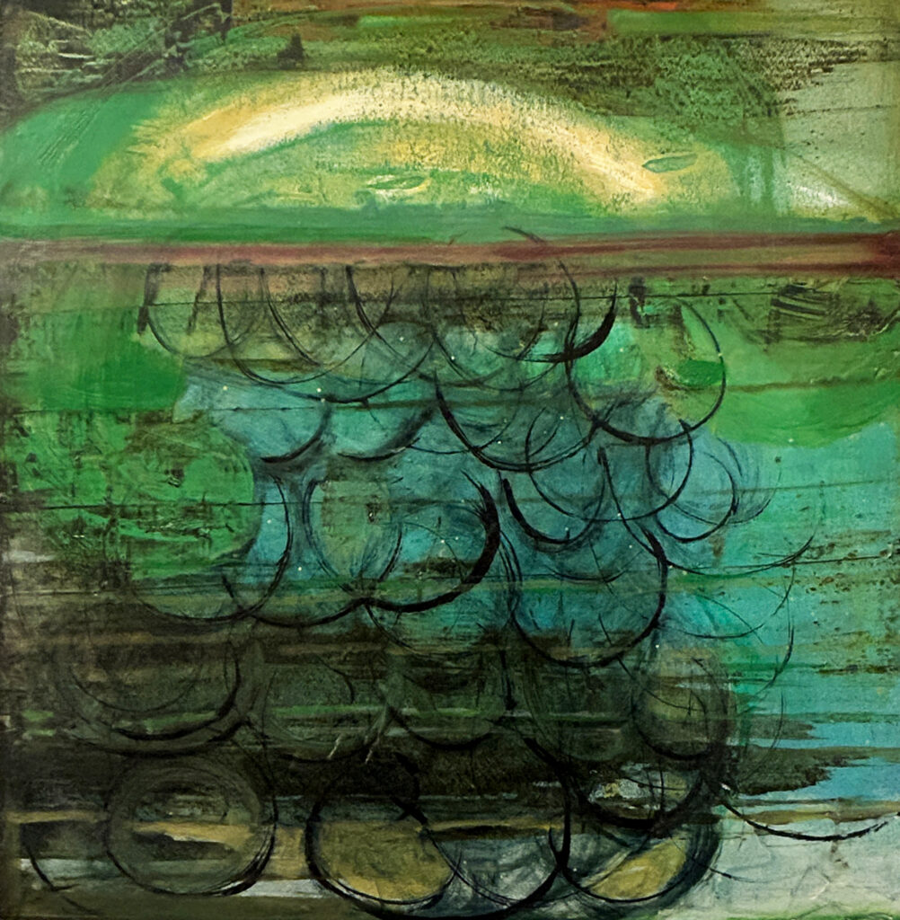 Katherine Bowling, Underwater, 2026, Oil on spackle on wood panel, 12 x 12 inches