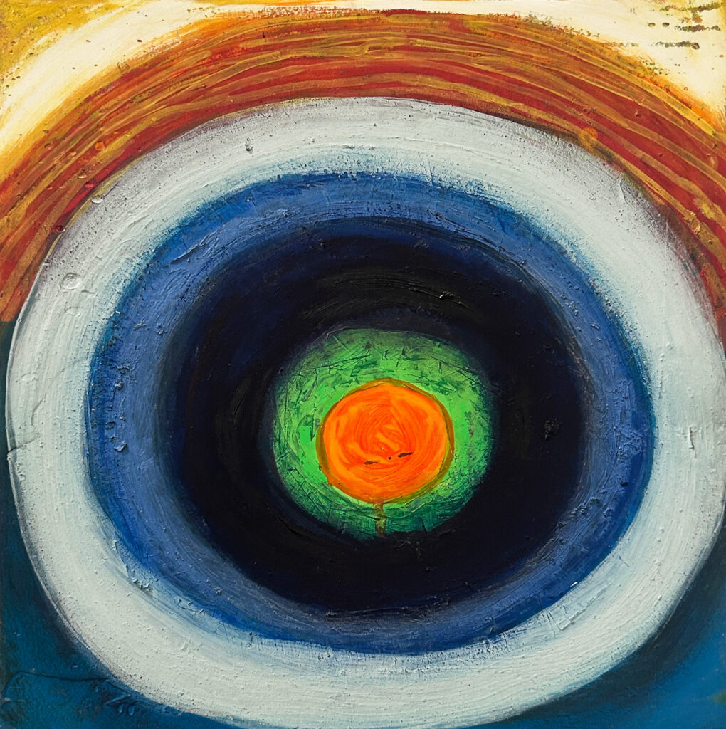 Katherine Bowling, Brain Waves, 2023, Oil on spackle on wood panel, 12 x 12 inches