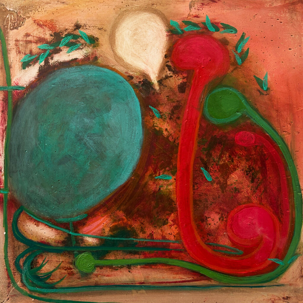 Katherine Bowling, Conversation, 2026, Oil on spackle on wood panel, 12 x 12 inches
