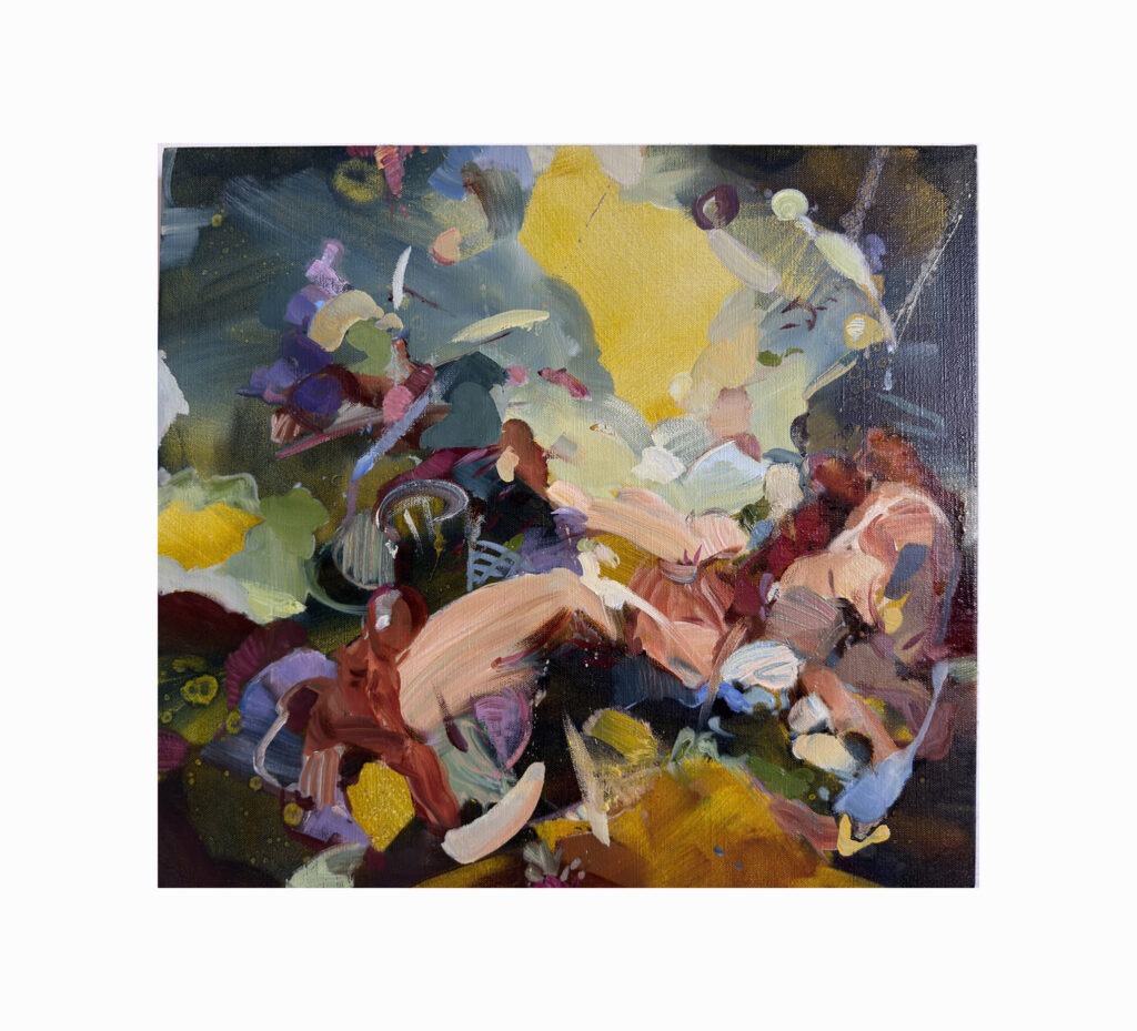 Eric Uhlir, I saw that surge and agitation (bribing fate), 2026, Oil on linen, 18 x 20 inches
