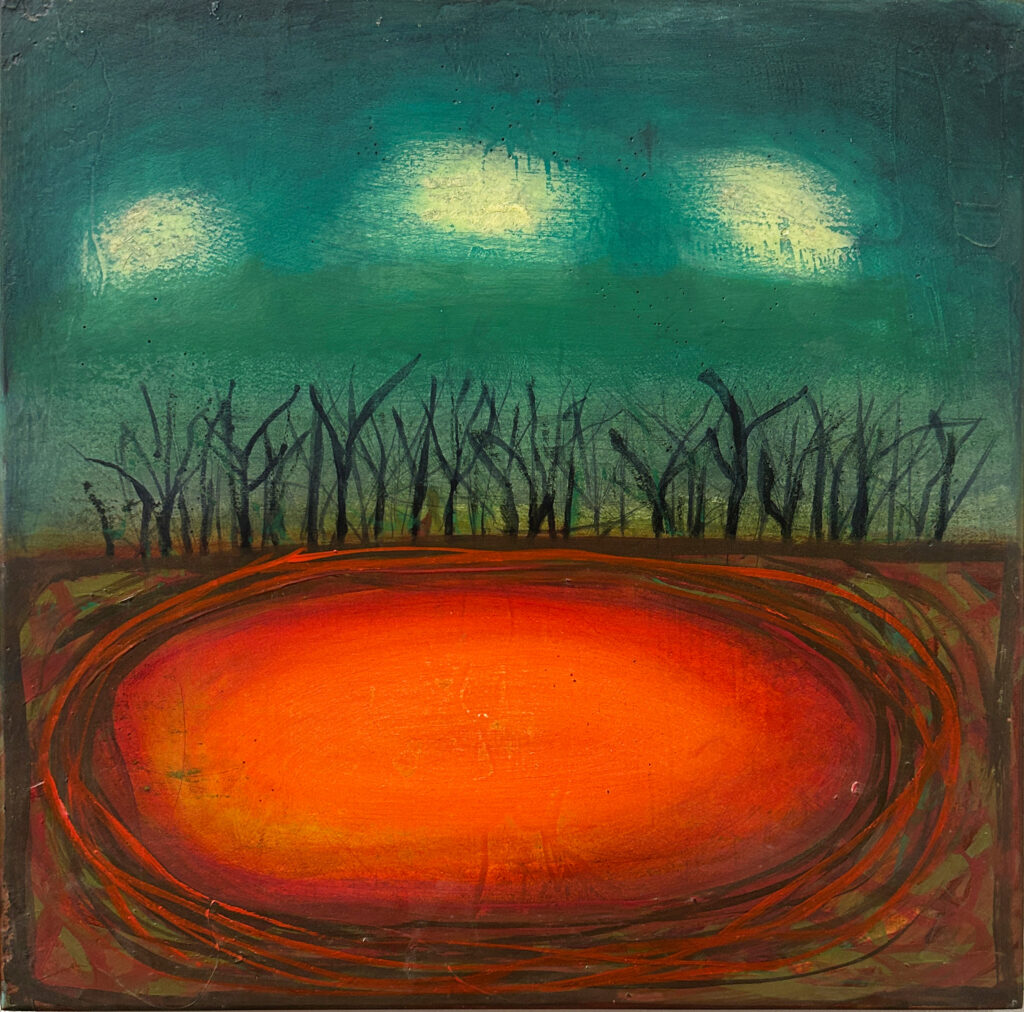 Katherine Bowling, Grounded, 2024, Oil on sparkle on wood panel, 12 x 12 inches